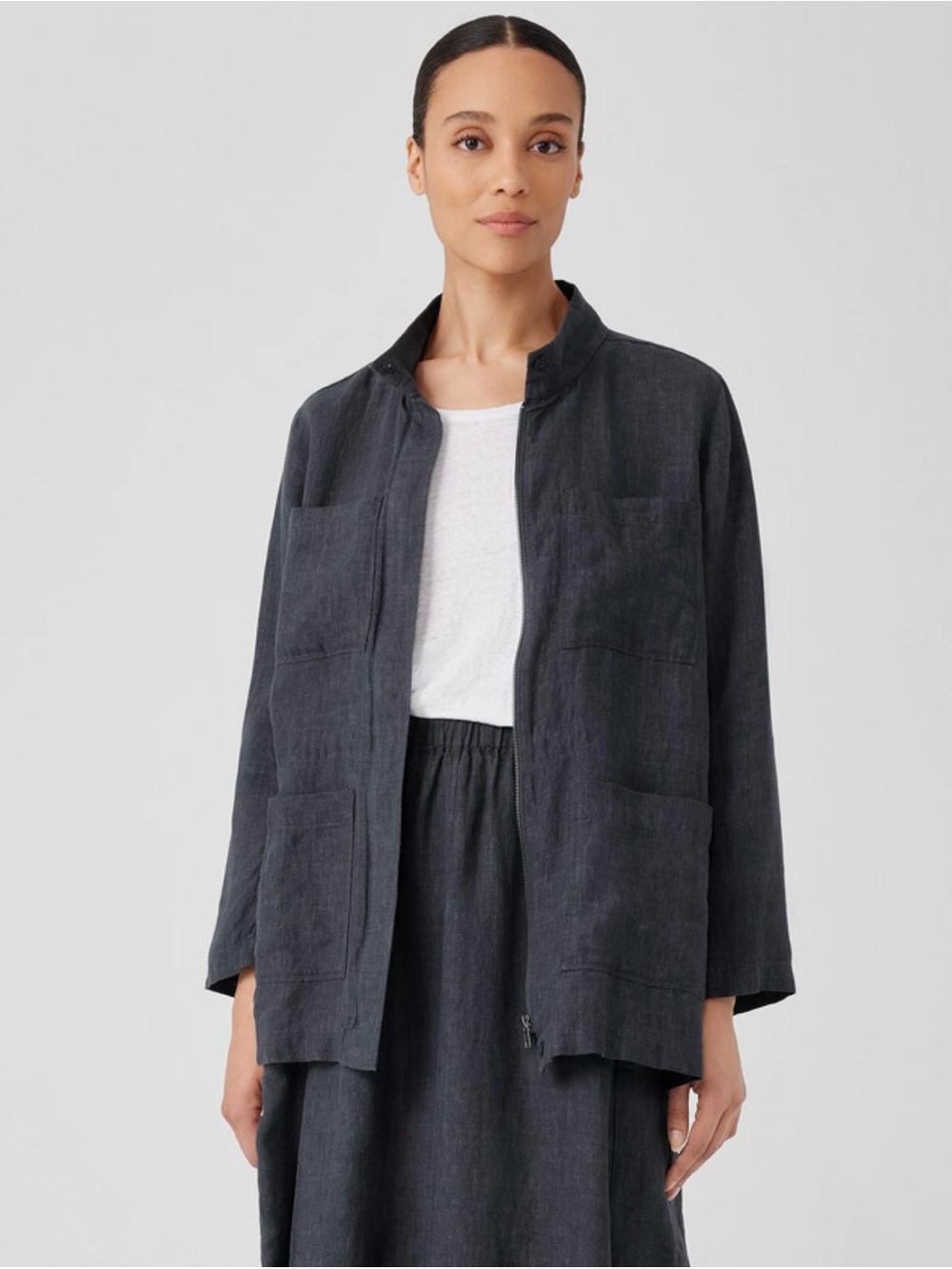 Eileen Fisher Washed Organic Linen Delave Stand Collar Jacket in Graphite S. NWT